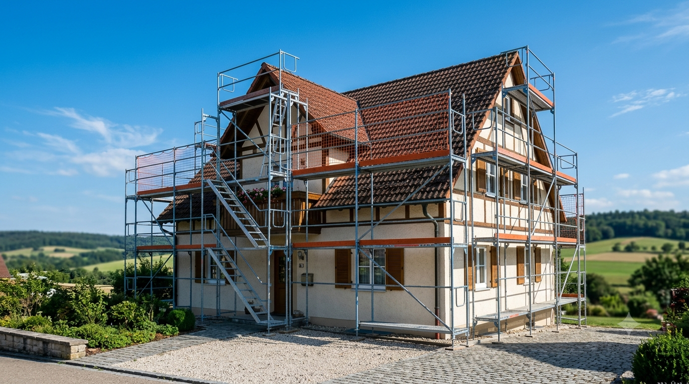 Gerüst an der Fassade eines Wohnhauses in Reutlingen vor blauem Himmel