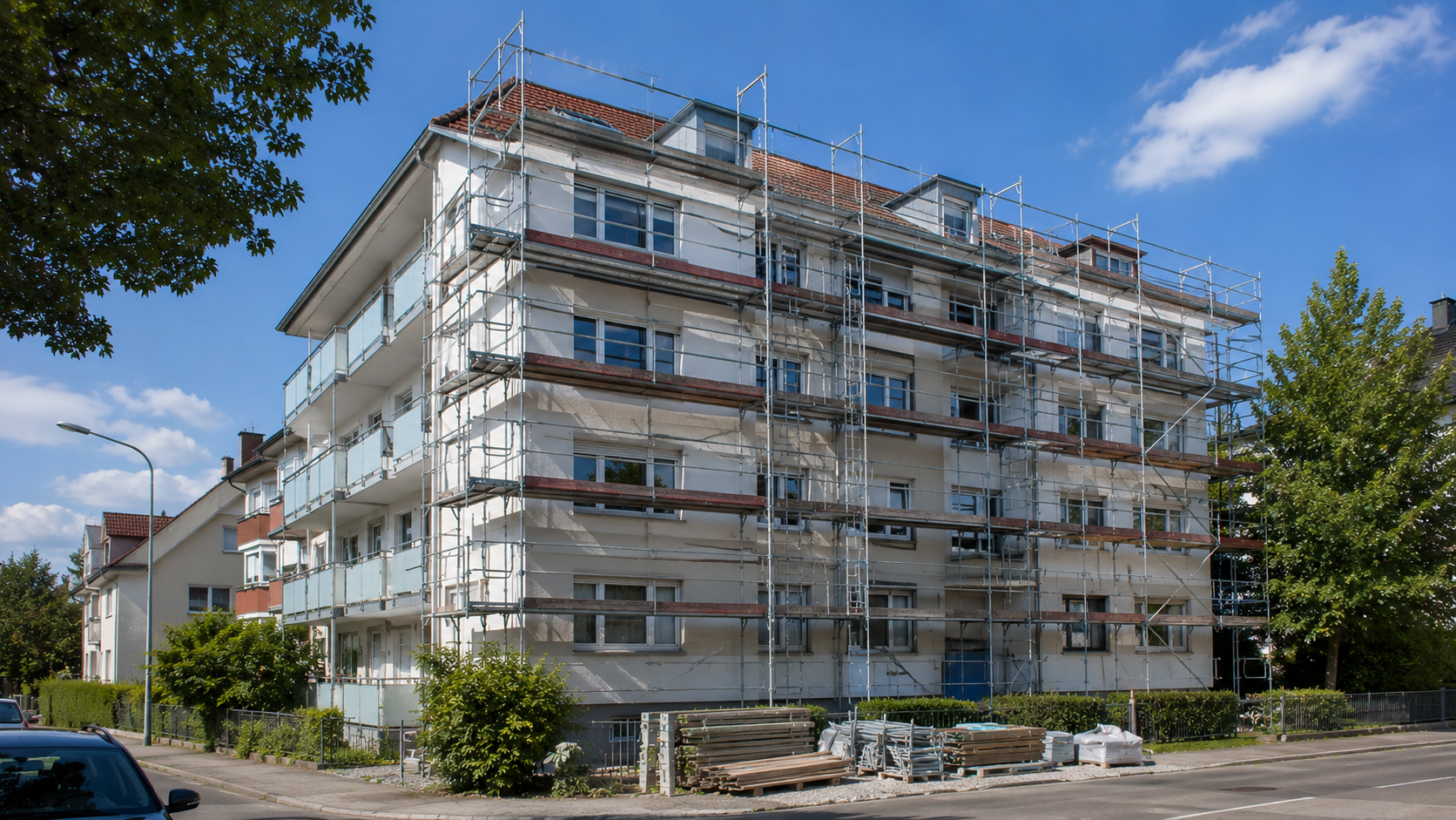 Fassadengerüst an einem Wohnhaus in Reutlingen