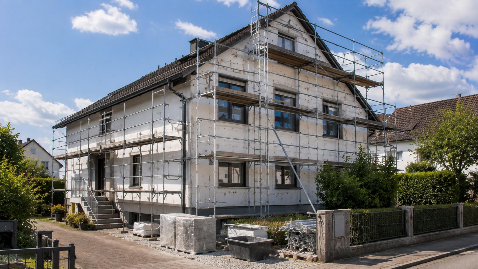Eingerüstetes Wohnhaus in Reutlingen während einer Sanierung