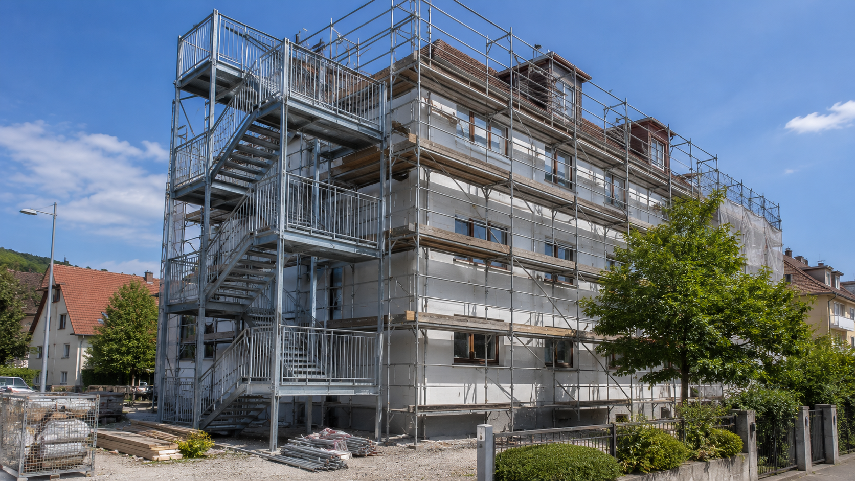 Außentreppenturm an einem eingerüsteten Gebäude in Reutlingen