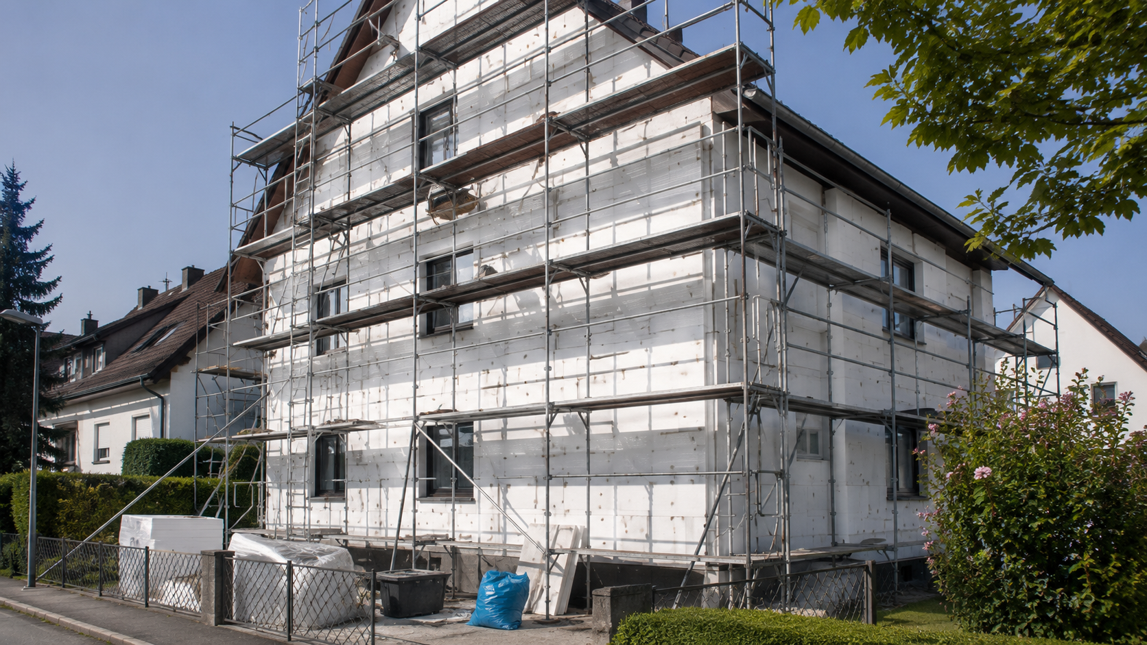 Gerüst für Fassadendämmung an einem Wohnhaus in Reutlingen